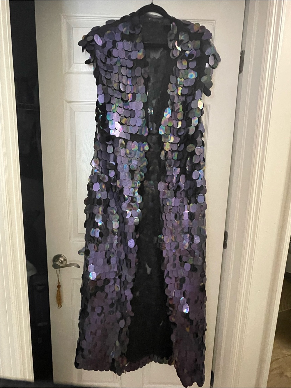 Black Sequin Long Vest with Iridescent Purple Discs